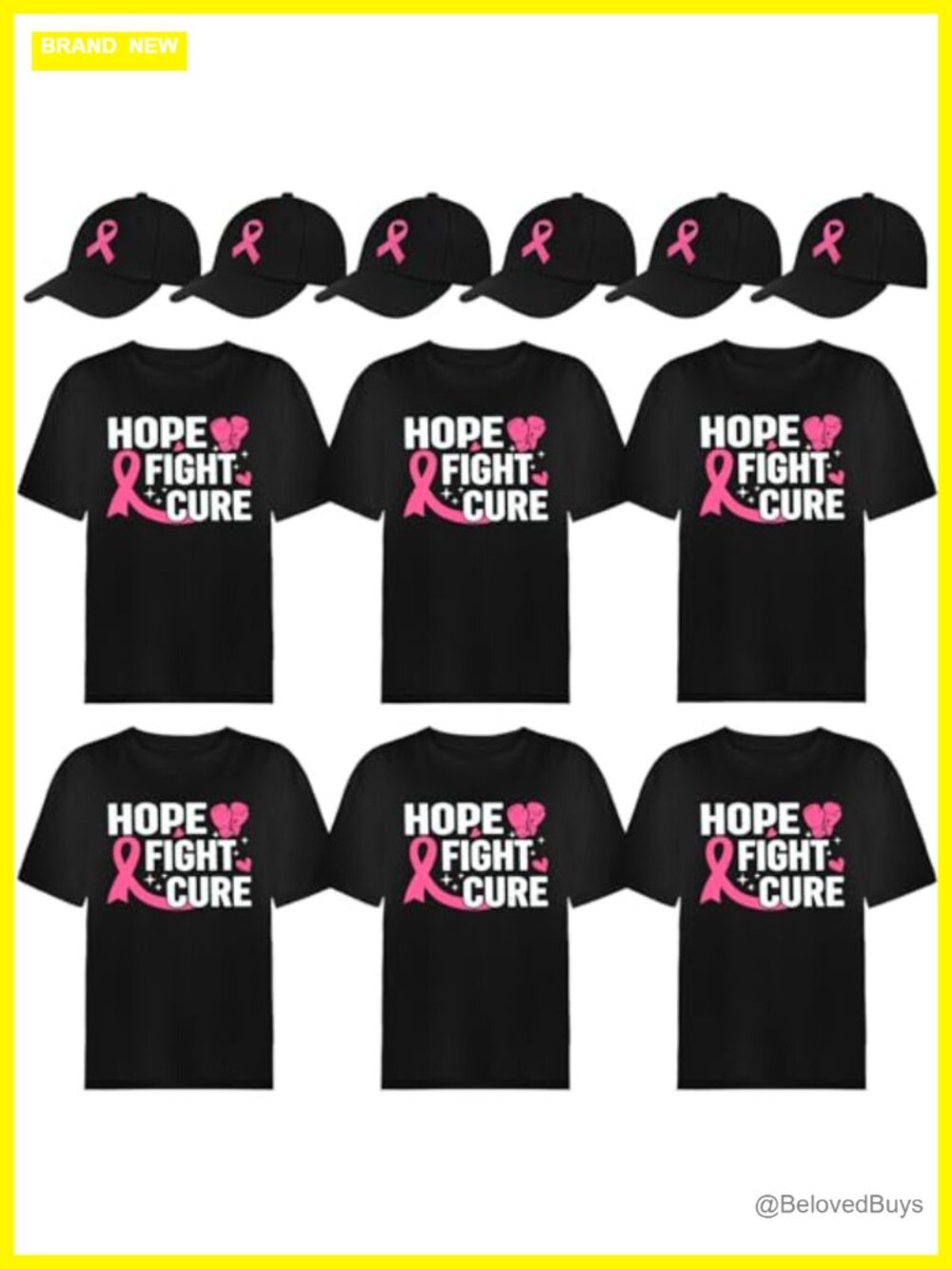 6 Breast Cancer Awareness T-Shirts & 6 Pink Ribbon Hats Set